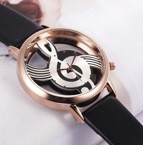 Color: Black gold - Hollow Musical Note Leather Wrist Watch Q119-CJZBNSLX00068-Black gold