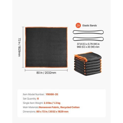 Moving Blankets 6 Pcs, 80 x 72 in (35 lbs/dz) Large Packing Blankets with Cotton Filling, Heavy Dut E415-DCBYT80X72INFM6B8001V0