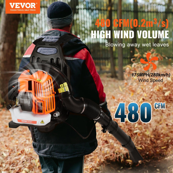 Backpack Leaf Blower, 52CC 2-Cycle Leaf Blower with 1.37L Fuel Tank, 480CFM Air Volume 175MPH Speed E415-BBSRYCYJ52CC3SVF9V0