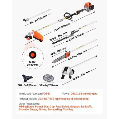 Gas Hedge Trimmer, 2 Cycle Gas Power Handheld Trimmer, 6-in-1 26cc Weed Eater with Extension Pole & E415-RQLLJDGN7H1G3TWP9001V0