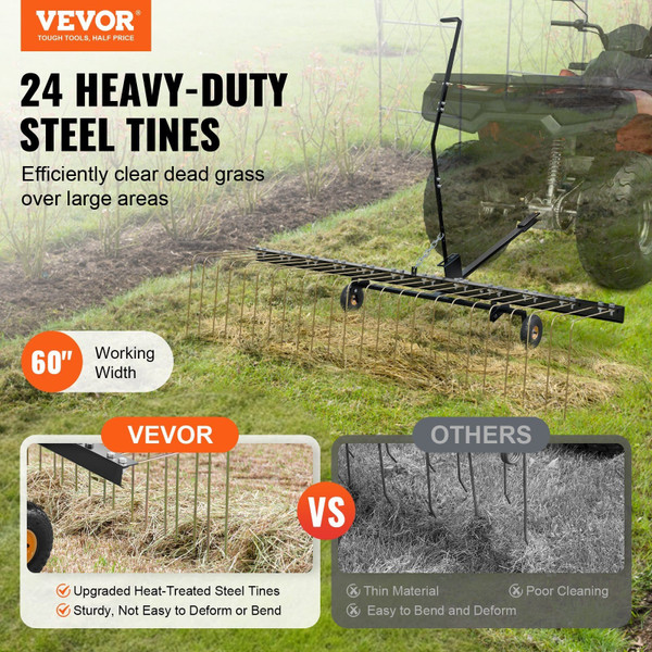 Tow Behind Dethatcher, 60-inch Tow Dethatcher with 24 Steel Tines, Lawn Dethatcher Rake for ATV or  E415-QXSCJ60QYGLJUL9E5V0