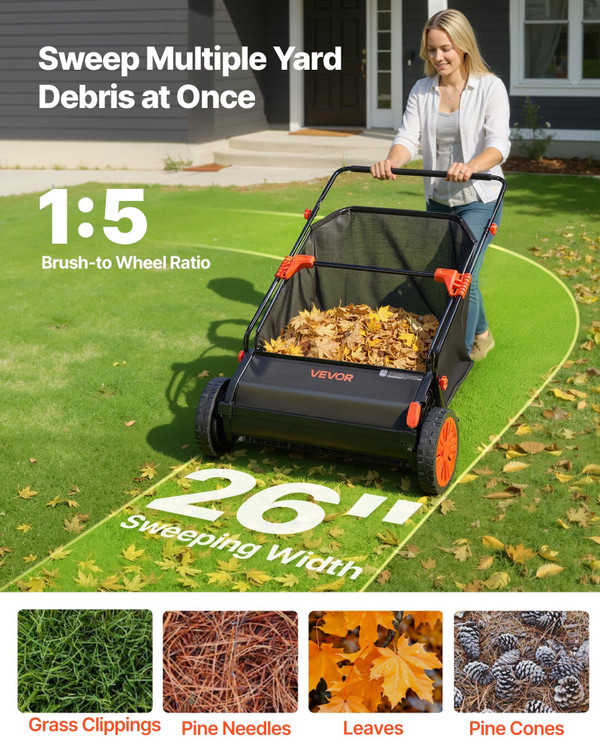 Push Lawn Sweeper, 26 in Leaf & Grass Collector with 7 cu. ft. Hopper Bag, Adjustable Brush Height  E415-STSCPQSQJH7CDXLLH001V0