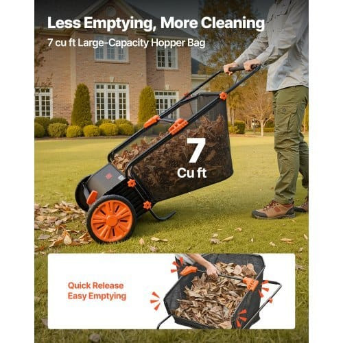 Push Lawn Sweeper, 26 in Leaf & Grass Collector with 7 cu. ft. Hopper Bag, Adjustable Brush Height  E415-STSCPQSQJH7CDXLLH001V0