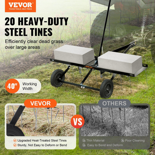 Tow Behind Dethatcher, 40-inch Tow Dethatcher with 20 Spring Steel Tines, Lawn Dethatcher Rake for  E415-QXSCJDHC40QYY2E4BV0