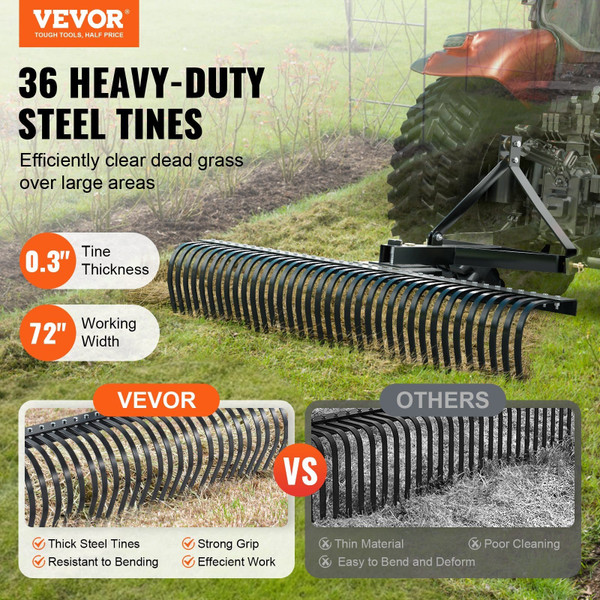 Tow Behind Dethatcher, 72-inch Tow Dethatcher with 36 Steel Tines, 3-Point Lawn Dethatcher Rake wit E415-ZXSCJ72DSDLJ73TTAV0