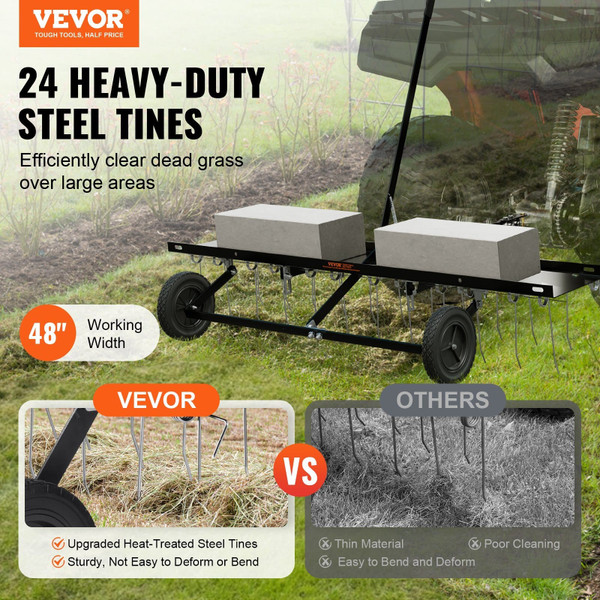 Tow Behind Dethatcher, 48-inch Tow Dethatcher with 24 Spring Steel Tines, Lawn Dethatcher Rake for  E415-QXSCJ48QYGLJ9DV44V0