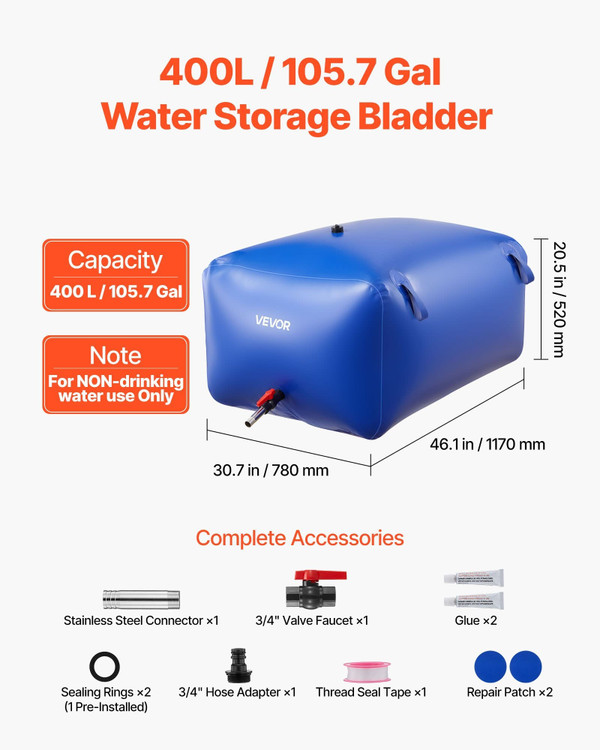 Water Storage Bladder 105.7 Gallon Large Capacity Water Bag, Portable & Collapsible Soft Waters Con E415-CSDLSPVC400L9HOR6001V0