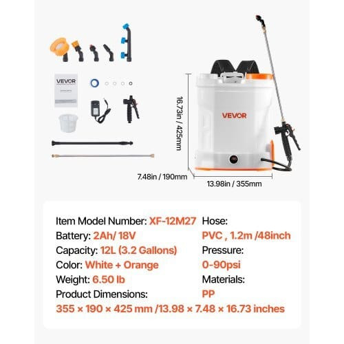 Battery Powered Backpack Sprayer, 3.2 Gal Powerful Electric Backpack Sprayer, 2 Retractable Wands & E415-DDBBPWQBCPPPMP4K3001V1