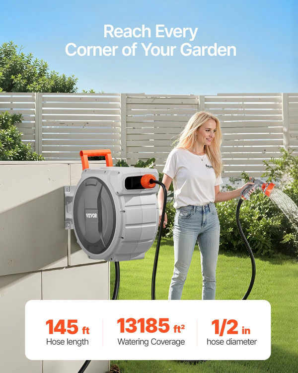 Retractable Garden Hose Reel, 1/2 Inch x 145 ft Wall Mounted Hose Reel, Heavy Duty Garden Hose Reel E415-KSSJGQSHC200WDN8KV0
