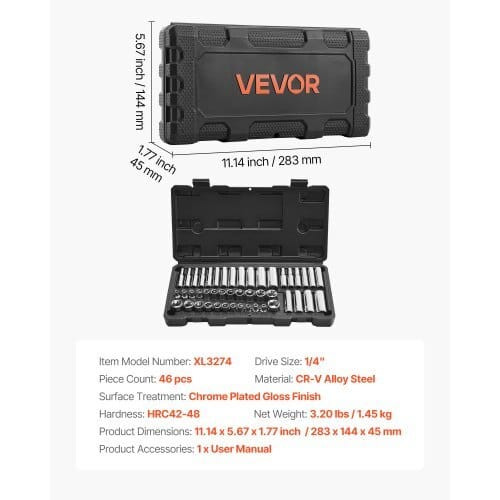 Socket Set, 46 Pieces, 1/4 inch Drive Socket Tool Set, SAE and Metric Size, Deep and Standard, Mech E415-TTJLBSZJTT148QYZ9001V0