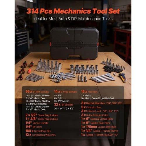 Mechanics Tool Set, 314-Piece Mechanic Tool Kit, 1/4 in, 3/8 in, and 1/2 in Drive, Metric Socket Se E415-SDJXGJTZ314PG37EV001V0