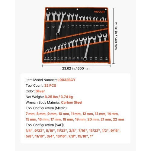 Combination Wrench Set, 32-Piece SAE and Metric, 12-Point Box End and 15?° Angled Open End Combinat E415-ZXBSTZGDS32PGEH4G001V0