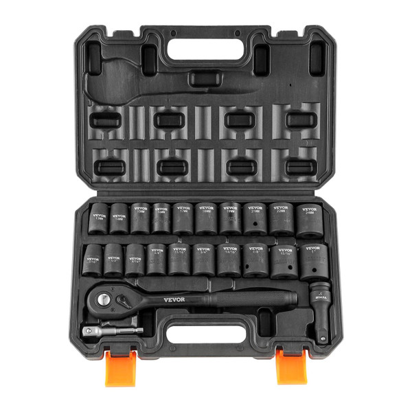 Impact Socket Set with 1/2" Drive, Comprising 23 Pieces in SAE (7/16" -1") & Metric Measurements, 6 E415-CJT12SAECRV231T38V0