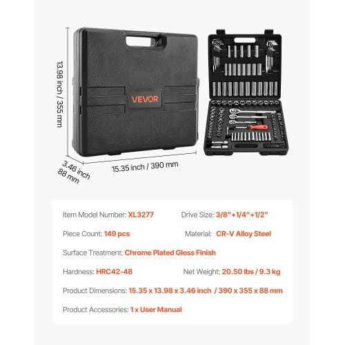 Socket Set, 149 Pieces, 3/8 & 1/4 & 1/2 inch Drive Socket and Ratchet Set, SAE and Metric, Deep and E415-TTJLBSZJTTPTJ8B7S001V0
