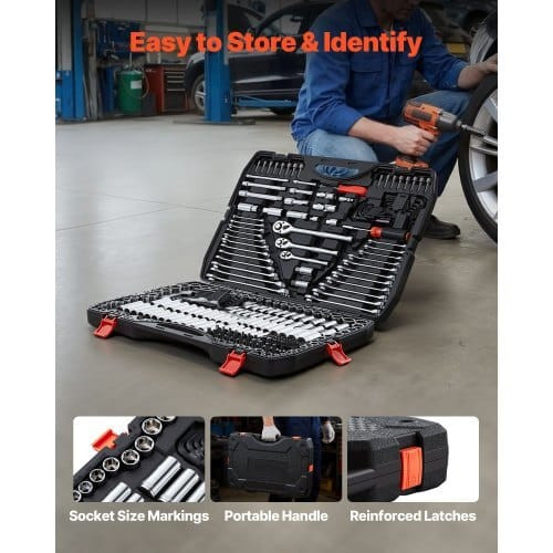 Mechanics Tool Set, 308-Piece Mechanic Tool Kit, 1/4 in, 3/8 in, and 1/2 in Drive, SAE and Metric S E415-SDJXGJTZ308P181YC001V0