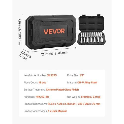 Socket Set, 18 Pieces, 1/2 inch Drive Socket Tool Set, Metric Size from 10 to 27 mm, Mechanic Tool  E415-TTJLBSZJTT12K9UM0001V0