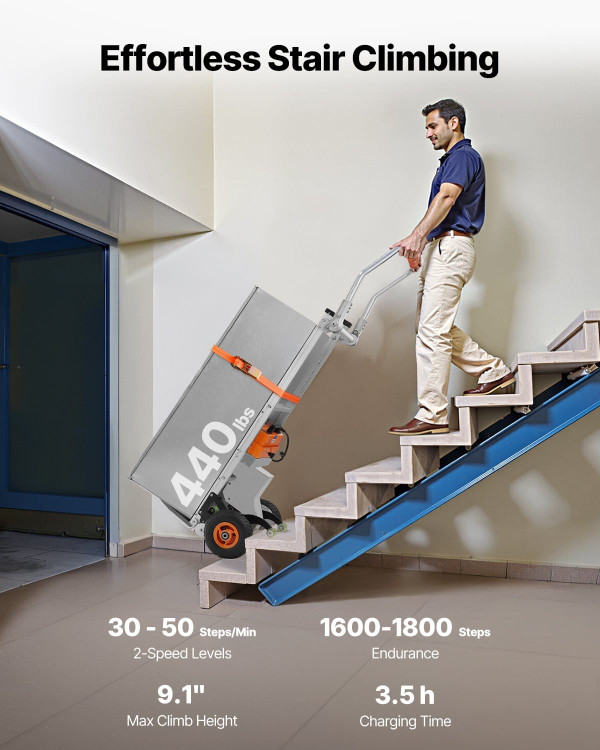 Electric Stair Climbing Dolly, 440lbs Capacity Electric Stair Climbing Hand Trucks with 157.5in Rop E415-DDZLPLC440LB3TZEYV1