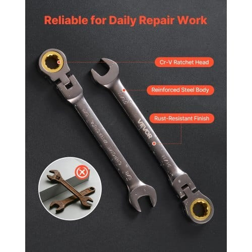 Flex-Head Ratcheting Wrench Set, 12-Piece SAE Sizes, 72 Teeth, Cr-V Steel Ratchet Flexible Combinat E415-ZXBSTZYTS12PXXW6U001V0
