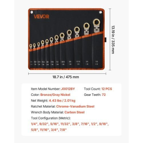 Flex-Head Ratcheting Wrench Set, 12-Piece SAE Sizes, 72 Teeth, Cr-V Steel Ratchet Flexible Combinat E415-ZXBSTZYTS12PXXW6U001V0