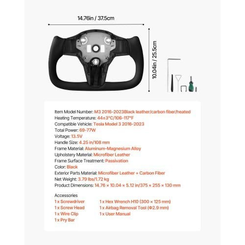 Steering Wheel for 2016-2023 Tesla Model 3, Carbon Fiber Steering Wheel D-Shaped Flat-Bottom with H E415-QCFXPZYTSL32I3O9A001V9