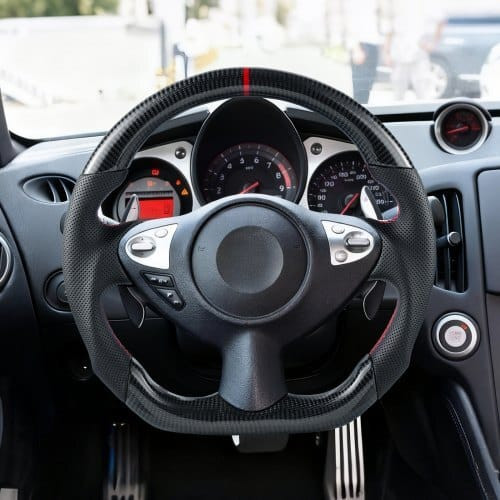 Steering Wheel for 2008-2020 Nissan 370Z, Carbon Fiber Steering Wheel D-Shaped Flat-Bottom, Leather E415-QCFXPZYRC370A9NI5001V0