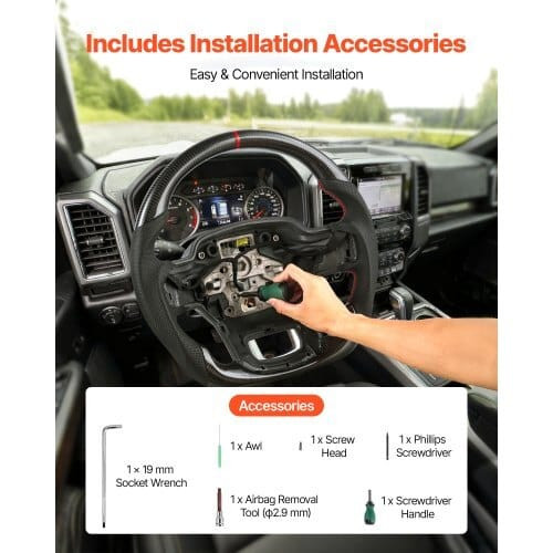 Steering Wheel for 2021-2024 Ford F150, Carbon Fiber Steering Wheel D-Shaped Flat-Bottom with Heati E415-QCFXPZYFTF15SYMC1001V9