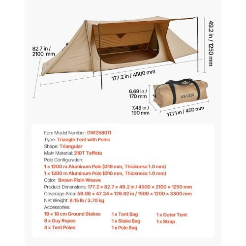 Camping Hot Tent, Lightweight Bushcraft Tent with Stove Jack & 2 Tarp Poles, Waterproof Winter Hot  E415-RZPSJXDGCGCCPGI5Y001V0