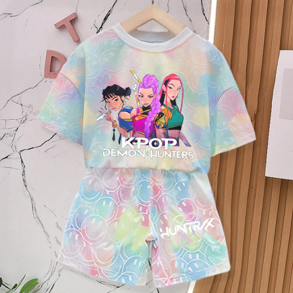Color: GRAY, Size: 3" - KPop Demon Hunters New T-shirt Pants Set Girls Summer Clothing Kawaii Smile F640-12000050832439453