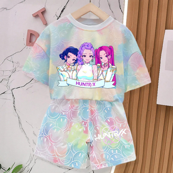 Color: GRAY, Size: 3" - KPop Demon Hunters New T-shirt Pants Set Girls Summer Clothing Kawaii Smile F640-12000050832439453