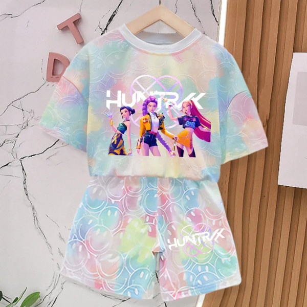 Color: GRAY, Size: 3" - KPop Demon Hunters New T-shirt Pants Set Girls Summer Clothing Kawaii Smile F640-12000050832439453