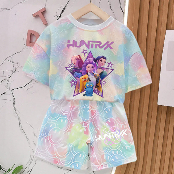 Color: GRAY, Size: 3" - KPop Demon Hunters New T-shirt Pants Set Girls Summer Clothing Kawaii Smile F640-12000050832439453