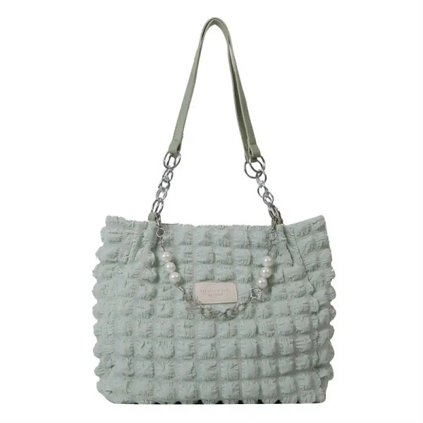 Color: SKY BLUE - Large Capacity Ladies Tote Bag Fashion Plaid Women's Beaded Chain Shoulder Bags S F640-12000037995329607