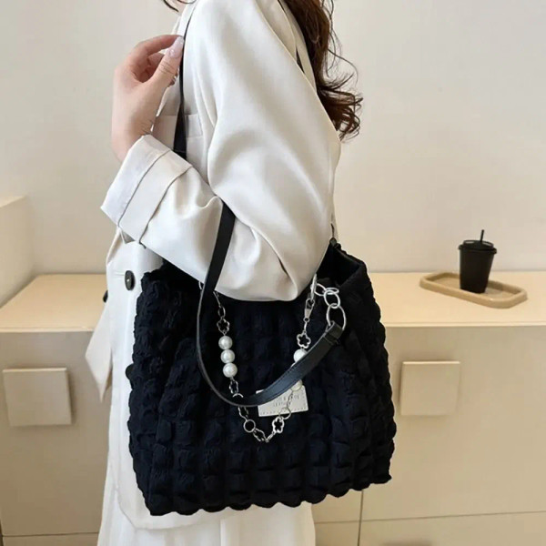Color: SKY BLUE - Large Capacity Ladies Tote Bag Fashion Plaid Women's Beaded Chain Shoulder Bags S F640-12000037995329607