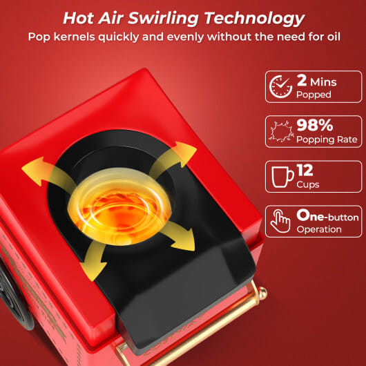 Retro Hot Air Popcorn Maker 1200W with Kernel Measuring Cup-Red - Color: Red D681-ES10501US-RE