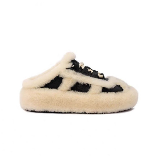 Color: Black And White Slippers, Size: 40 - Outerwear Lamb Wool Thick Sole Half Slippers Women Q119-CJYD214994112LO