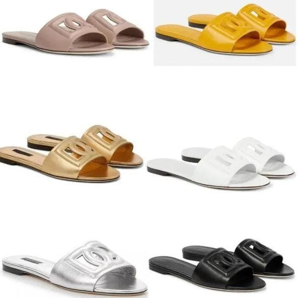 Color: 1# - Size: US4 - Gold sliver leather luxury design women sandal slipper flats Logo cut out l Y829-1283214180415406083