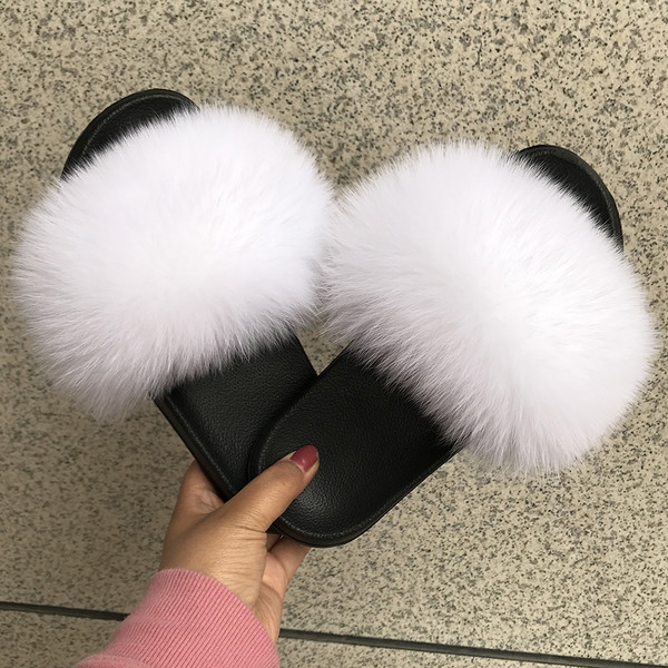 Fox Fur Slippers, Flat-bottomed One-word Fur, Korean Style Fur, Home Slippers Q119-CJNS1204517