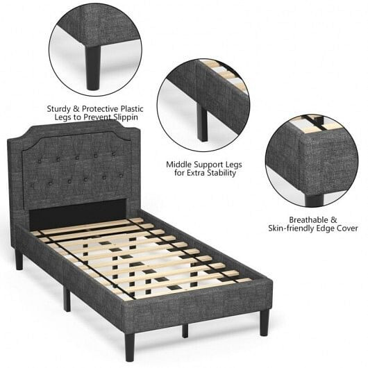 Linen Twin Upholstered Platform Bed with Frame Headboard Mattress Foundation B593-HU10019