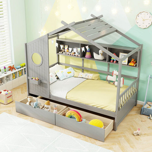 Twin Size House Bed with 2 Storage Drawers and Fence Guardrails-Gray B593-HU10993+