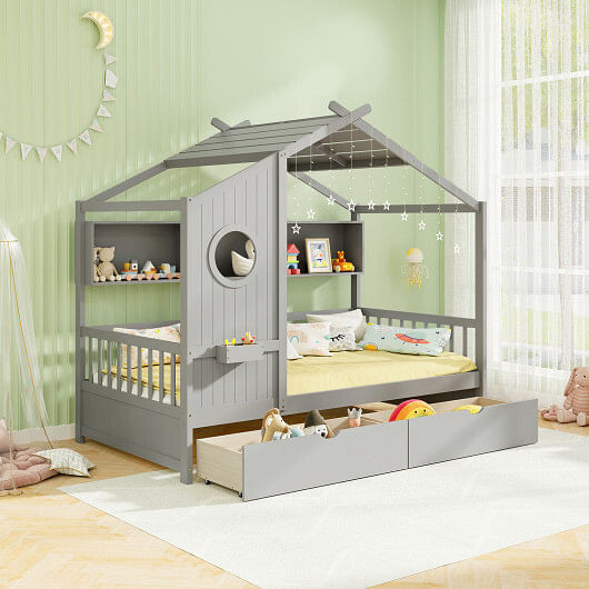 Twin Size House Bed with 2 Storage Drawers and Fence Guardrails-Gray B593-HU10993+