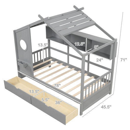 Twin Size House Bed with 2 Storage Drawers and Fence Guardrails-Gray B593-HU10993+