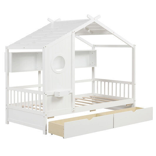 Twin Size House Bed with 2 Storage Drawers and Fence Guardrails-Gray B593-HU10993+