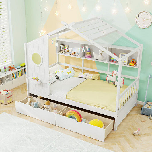 Twin Size House Bed with 2 Storage Drawers and Fence Guardrails-Gray B593-HU10993+