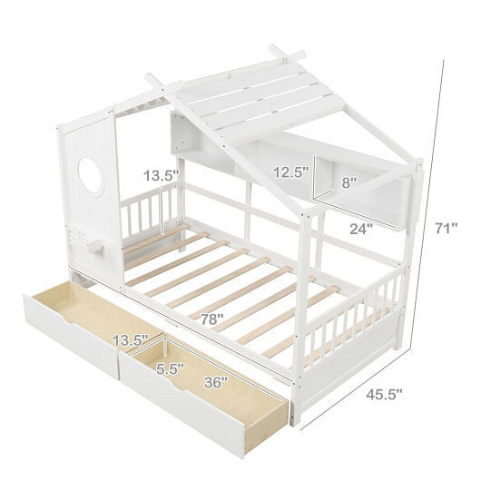 Twin Size House Bed with 2 Storage Drawers and Fence Guardrails-Gray B593-HU10993+