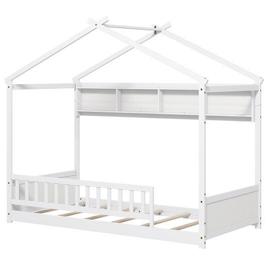 Twin Size House Bed with Storage Shelf and Headboard-Gray B593-HU11009