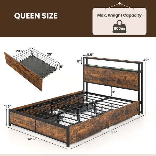 Full/Queen Size Bed Frame with Smart LED Lights and Storage Drawers-Full Size B593-HU10347US