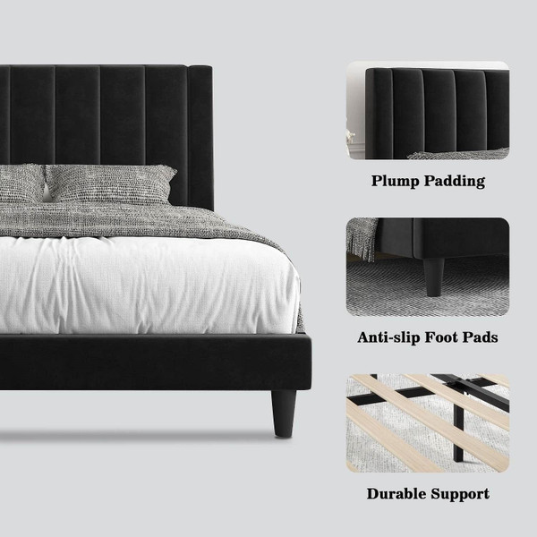 Queen size Black Velvet Upholstered Platform Bed Frame with Headboard Q280-QBLAV1935724