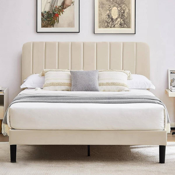 Full size Beige Upholstered Platform Bed Frame with Headboard Q280-FLBGVPBH1492587