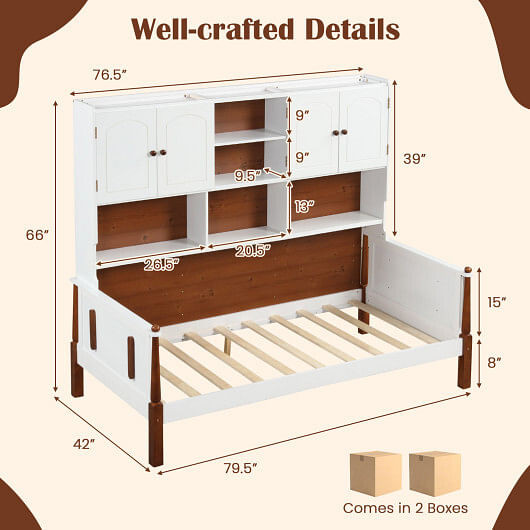 Twin Bed with Bookcase with Shelves and  Wooden Slat Support No Box Spring Needed for Living Room B B593-HU10679+