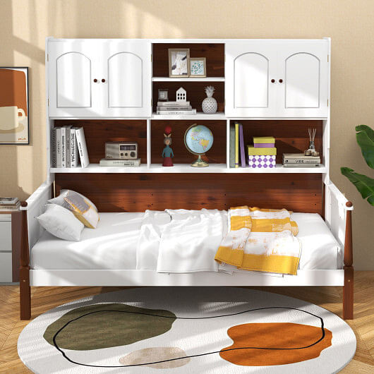 Twin Bed with Bookcase with Shelves and  Wooden Slat Support No Box Spring Needed for Living Room B B593-HU10679+